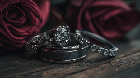 A stunning arrangement of elegant wedding rings resting on a rustic wooden surface, complemented by rich red roses, symbolizing love and romance.の素材