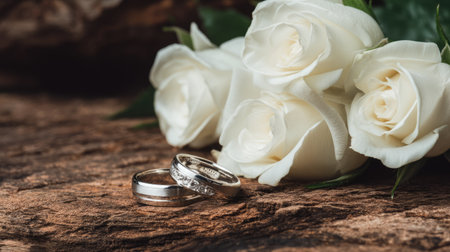 This stunning image captures the beauty of elegant white roses alongside gleaming wedding rings on a rustic wooden surface, symbolizing love and commitment.の素材