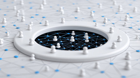 This abstract image illustrates a digital network of connections featuring figures and nodes, symbolizing relationships, connectivity, and communication in a technological landscape.の素材