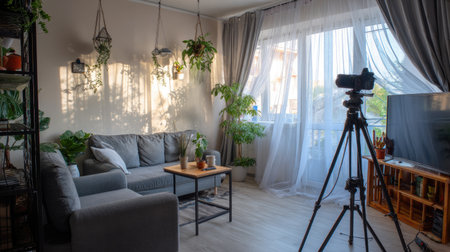 A beautifully arranged living room filled with natural light, vibrant indoor plants, and a sleek camera setup on a tripod, ideal for photography.の素材