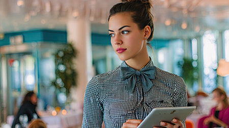 A young female waitress stands in a modern restaurant, holding a tablet. Her focused expression and elegant attire showcase professionalism in a vibrant dining atmosphere.の素材
