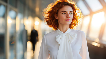 A confident businesswoman stands in a modern office, bathed in warm, natural light. Her graceful pose and elegant attire reflect professionalism and empowerment in the workplace.の素材