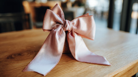 A beautiful pink satin ribbon bow adorns a gift box, adding a touch of elegance on a rustic wooden table in a cozy cafe setting, inviting celebrations.の素材