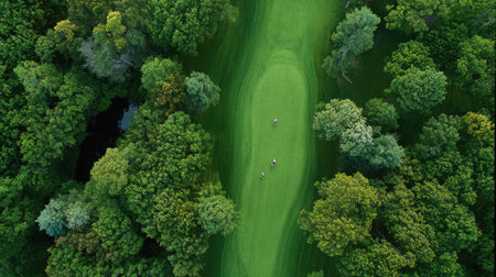 This stunning aerial image captures a serene golf course nestled among vibrant green trees, showcasing players enjoying a sunny day outdoors.の素材