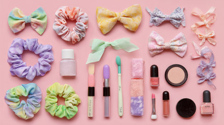 This vibrant flatlay features an array of colorful beauty accessories including scrunchies, bows, and makeup products, perfect for a fun and playful aesthetic.の素材