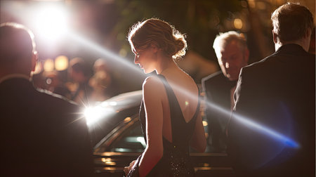 A beautiful woman in an elegant black gown captures attention at a glamorous event. Soft lighting and a bokeh effect create a captivating atmosphere, highlighting her refined presence.の素材