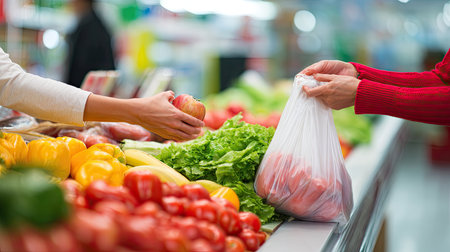 This image captures the vibrant exchange of fresh produce in a grocery store, highlighting the importance of healthy eating and community shopping experiences.の素材