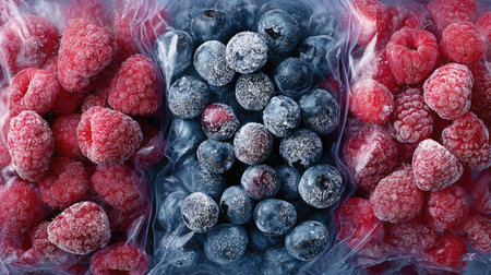 A visually appetizing display of freshly frozen raspberries and blueberries in clear packaging showcases vibrant colors perfect for healthy meal preparation.の素材