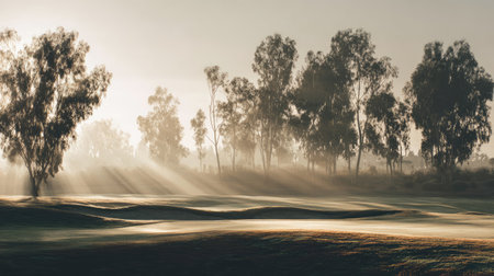 A serene sunrise unfolds over a tranquil golf course, with gentle mist and radiant sun rays illuminating the landscape and silhouetted trees.の素材