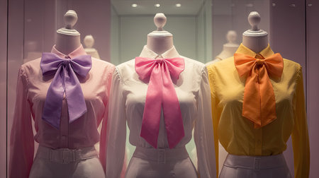 A vibrant collection of elegantly designed shirts with colorful bow ties showcased on mannequins, perfect for fashion displays and retail settings.の素材