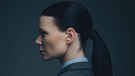A striking profile view of an elegant woman in a business suit, featuring slicked-back hair. Captured in low light, this image evokes professionalism and confidence.の素材