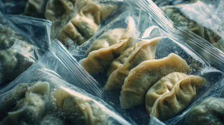 This close-up image features freshly packaged dumplings, securely sealed in transparent bags, perfect for cooking or storage in the freezer for later meals.の素材