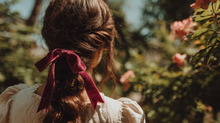A young woman with brown hair tied in a ribbon stands in a sunlit garden, surrounded by blooming flowers. The scene captures a serene moment of tranquility and beauty.の素材