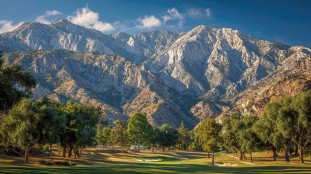 A stunning golf course showcases vibrant green grass and beautiful trees under a bright blue sky, framed by majestic mountains, offering serenity and adventure.の素材