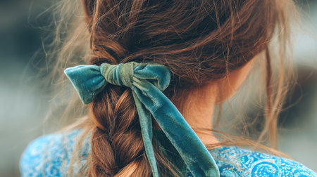 A young woman with brown hair showcases a beautiful braid adorned with a blue velvet bow. Captured from behind, her relaxed style reflects a serene moment in nature.の素材