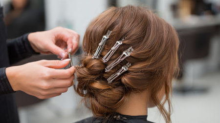 A talented hairstylist delicately styles a model's hair in a salon, using elegant accessories. The setting exudes beauty and creativity in hairdressing techniques.の素材