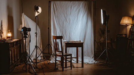 A beautifully arranged photography studio with a wooden chair and table, surrounded by soft lighting and a white backdrop, showcasing a creative workspace.の素材