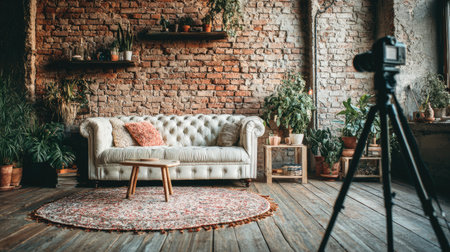 A cozy vintage living room featuring a rustic brick wall adorned with green plants. A camera on a tripod captures the inviting and warm atmosphere.の素材