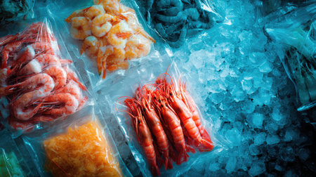 A vibrant display of freshly packaged shrimp and seafood laid out on ice, showcasing various types of crustaceans in clear plastic bags, perfect for culinary use.の素材
