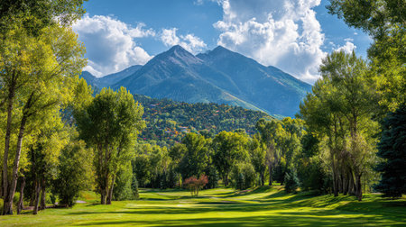 This scenic image features a stunning mountain backdrop with a lush green golf course, surrounded by vibrant trees and a clear blue sky dotted with white clouds.の素材