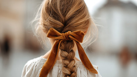 A charming back view of a young girl with a long braid tied with a stylish bow, evoking a sense of innocence and youthful elegance in soft, warm light.の素材