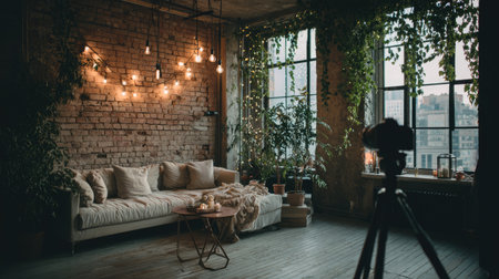 A tranquil urban living room featuring soft furniture, warm lighting, and lush greenery, ideal for relaxation or cozy gatherings in a contemporary setting.の素材