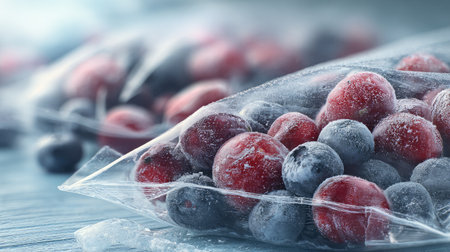 This image showcases fresh frozen berries in clear plastic bags, offering a vibrant and healthy option for meal prep, snacks, and desserts.の素材