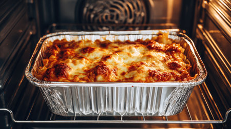 This image showcases a delicious baked lasagna in an aluminum foil dish, fresh out of the oven, showcasing melted cheese and rich sauce. Perfect for meal inspiration!の素材