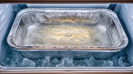 A metal tray filled with clear water is placed on a bed of crushed ice inside a cooler, ideal for keeping beverages chilled during outdoor gatherings.の素材