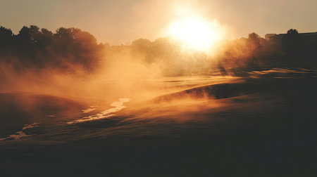 A stunning sunrise casts a warm glow over a misty golf course, creating a tranquil and serene landscape. Soft shadows blend with golden light.の素材