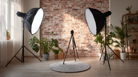This image showcases a well-equipped photography studio featuring two softbox lights and a tripod set against a charming brick wall.の素材