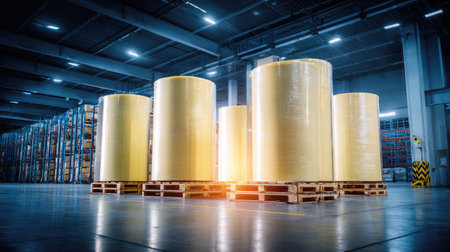 A modern industrial warehouse featuring tall yellow containers stacked on wooden pallets. The spacious environment emphasizes efficiency and organizational practices.の素材