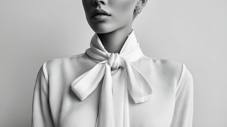This striking monochrome portrait captures the essence of elegance and sophistication, showcasing a stylish woman in a bow tie blouse with minimal distractions.の素材