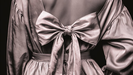 This captivating monochrome image showcases the elegant back of a satin dress, featuring a large bow that adds a touch of luxury and sophistication.の素材