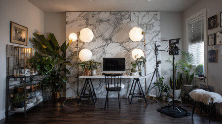 Discover an elegant home office that combines modern decor with lush houseplants, creating a tranquil workspace. Natural light and stylish elements inspire productivity.の素材