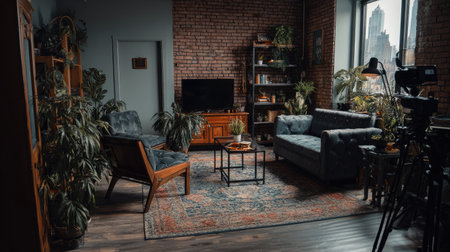 A cozy living room featuring a stylish arrangement of modern furniture, lush green plants, and a charming brick wall, perfect for urban living.の素材