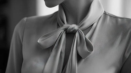 A stunning close-up image portraying a fashionable blouse featuring a beautifully tied bow. The monochrome scheme enhances the elegance and sophistication of the garment.の素材