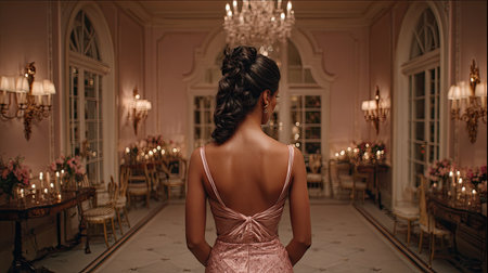 Captivating image of a woman in a pink dress standing gracefully in an opulent ballroom, surrounded by soft lighting and elegant dの素材