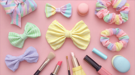 A vibrant flat lay composition featuring colorful hair accessories and makeup tools arranged neatly on a soft pink background, perfect for beauty and fashion themes.の素材