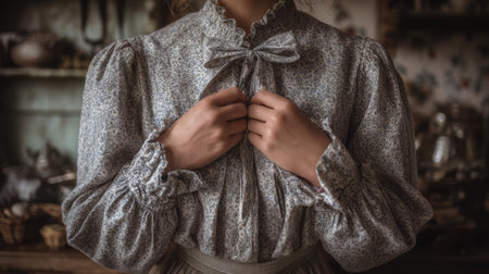 This image showcases a vintage blouse with delicate lace details worn by a woman in a rustic kitchen, capturing the essence of timeless elegance and domestic charm.の素材
