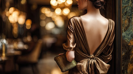 A woman exudes sophistication in a stylish evening dress with an open back, holding a clutch. The luxurious restaurant ambiance enhances the elegant atmosphere, perfect for glamorous events.の素材
