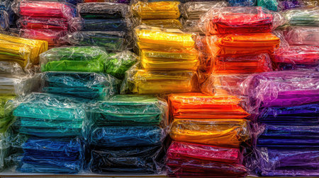 A vibrant collection of neatly stacked colorful fabrics packaged for crafting projects. Ideal for sewing enthusiasts and creative decorators seeking inspiration.の素材