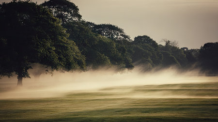 A breathtaking view of a misty landscape at dawn, featuring a serene field enveloped in fog, framed by majestic trees, conveying tranquility and beauty in nature.の素材