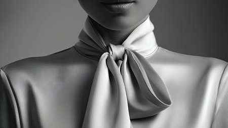 This striking black and white portrait features a model elegantly adorned in fashionable attire with a neatly tied bow tie, exuding sophistication and style.の素材