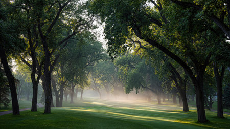 Experience a tranquil morning scene with lush green trees shrouded in soft mist. This serene landscape captures the harmonious beauty of nature.の素材