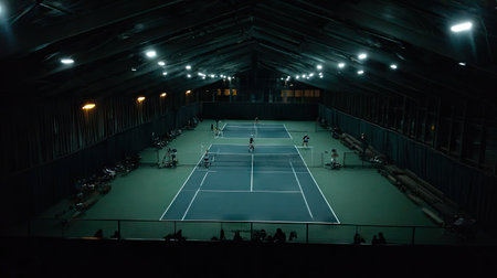 A lively indoor tennis match features players demonstrating skill and excitement under bright lights, while spectators enjoy the thrilling action in a modern facility.の素材