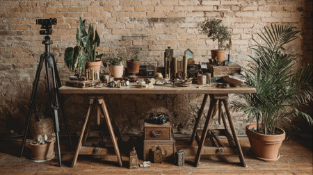 A vintage studio workspace featuring an array of antiques, potted plants, and creative tools. Ideal for artistic inspiration and photography setups.の素材