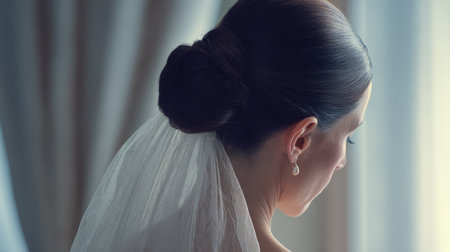 A serene moment featuring a bride with a classic updo hairstyle and a delicate veil, softly illuminated by natural light as she gazes out of a window.の素材
