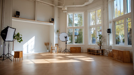 This spacious photography studio features large windows that allow abundant natural light, creating an ideal setting for creative projects and photo shoots.の素材