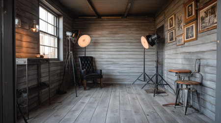 A beautifully designed vintage studio space featuring wooden walls and stylish lighting, ideal for creative photography and artistic expression.の素材